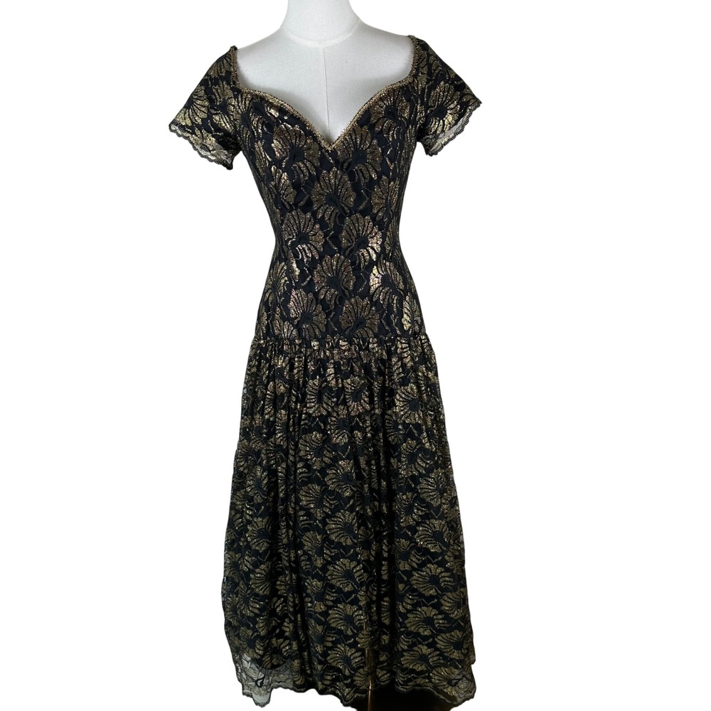 Vtg After Five Saks Fifth Avenue Dress Womens 6 Black Gold Metallic Lace Gown